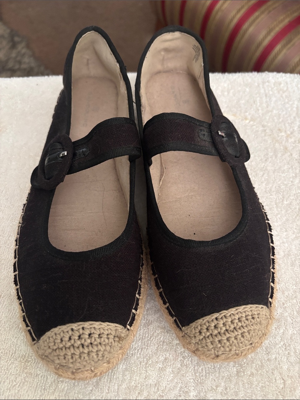 Bandolino Black Mary Jane Espadrille Flats with Natural Toe Cap